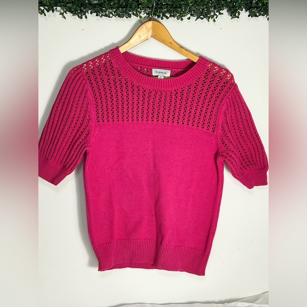Evereve Hot Pink Open-Knit Short Sleeve Crew Sweater